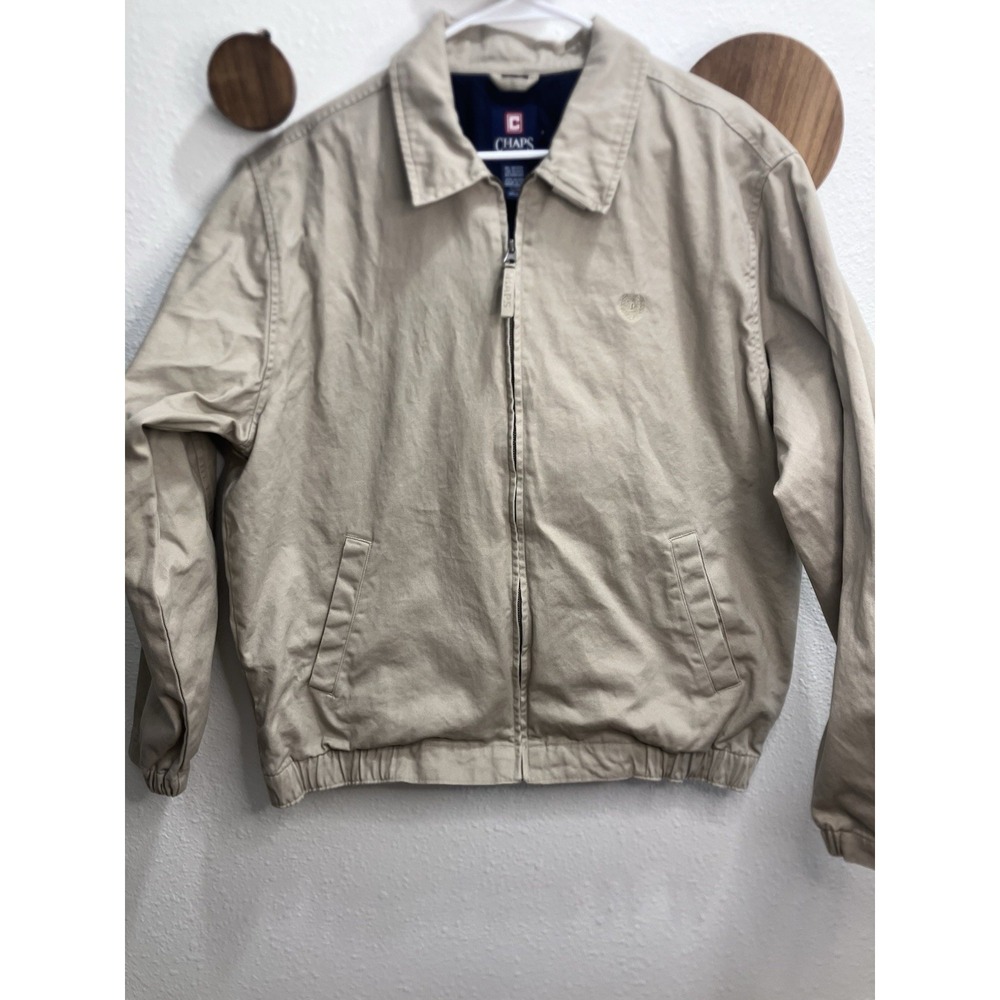 Chaps Men's Medium Khaki Zip Front Jacket Lightweight Casual Coat Pockets Cotton